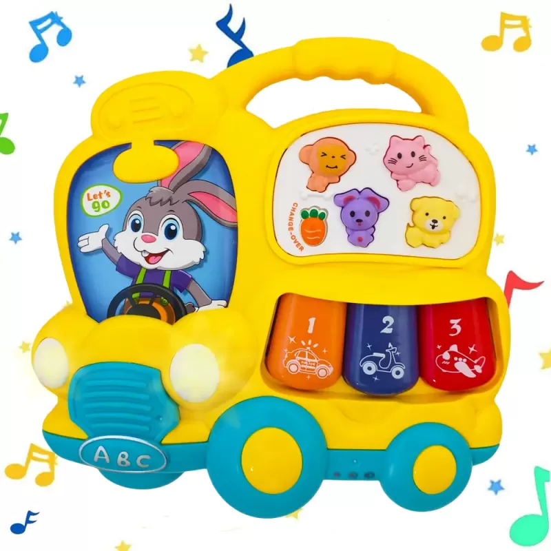 Jucarie interactiva muzicala cu functii si lumini, Mini orga Autobuz RCO, 15 x 15 cm, +12 luni