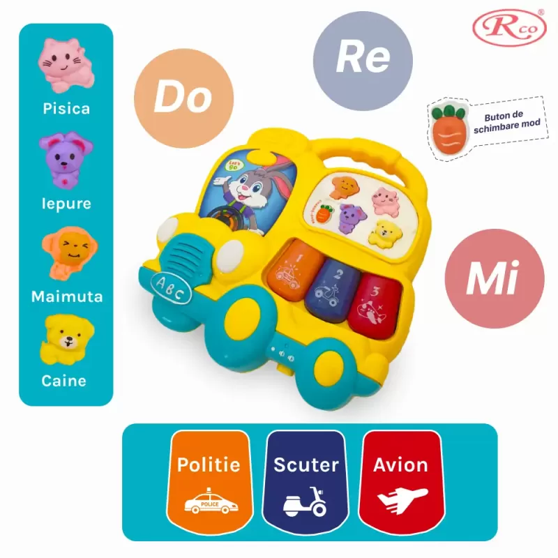 Jucarie interactiva muzicala cu functii si lumini, Mini orga Autobuz RCO, 15 x 15 cm, +12 luni