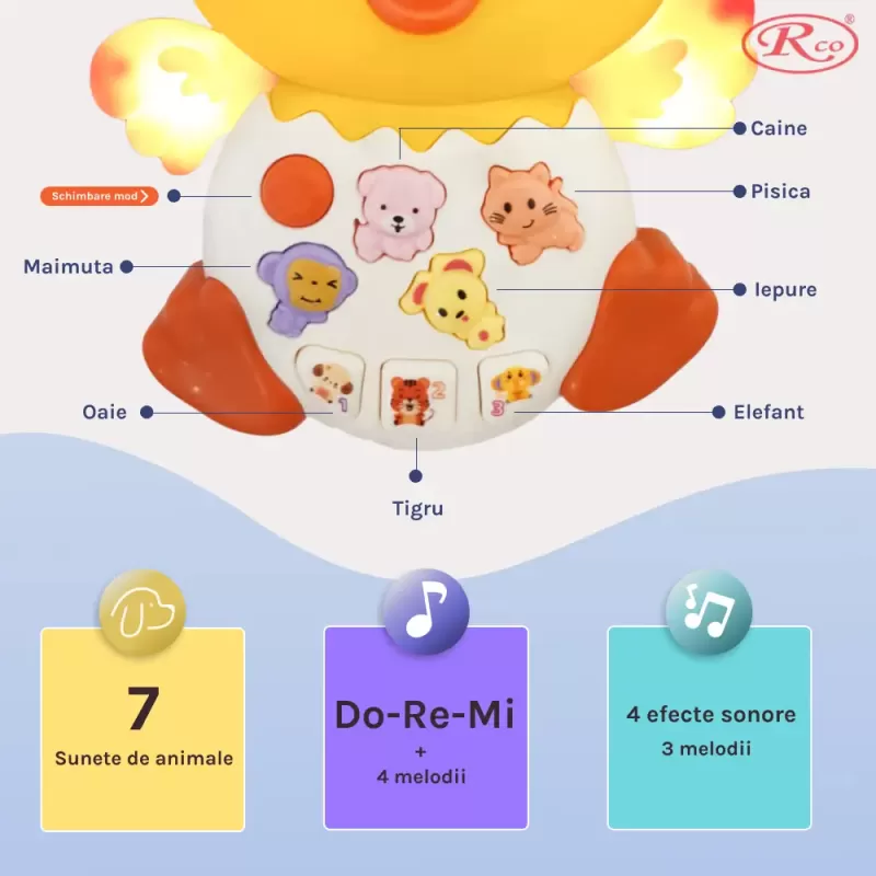 Jucarie interactiva muzicala cu functii si lumini, Ratusca RCO, 15 x 12 cm, +12 luni