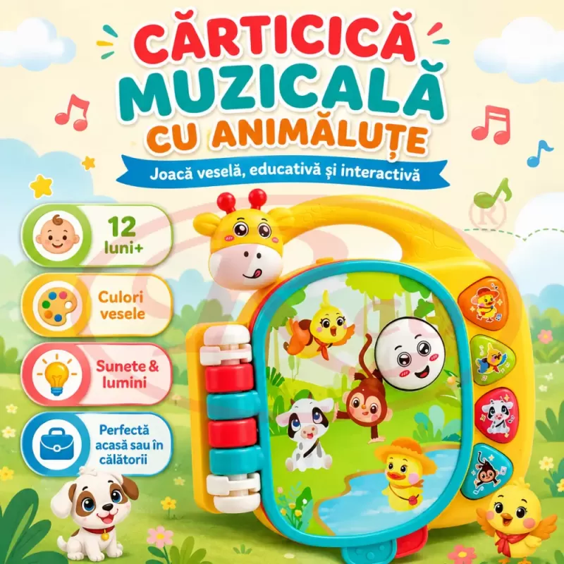 Carte muzicala interactiva pentru bebelusi cu ratusca, pasare, vacuta, maimuta