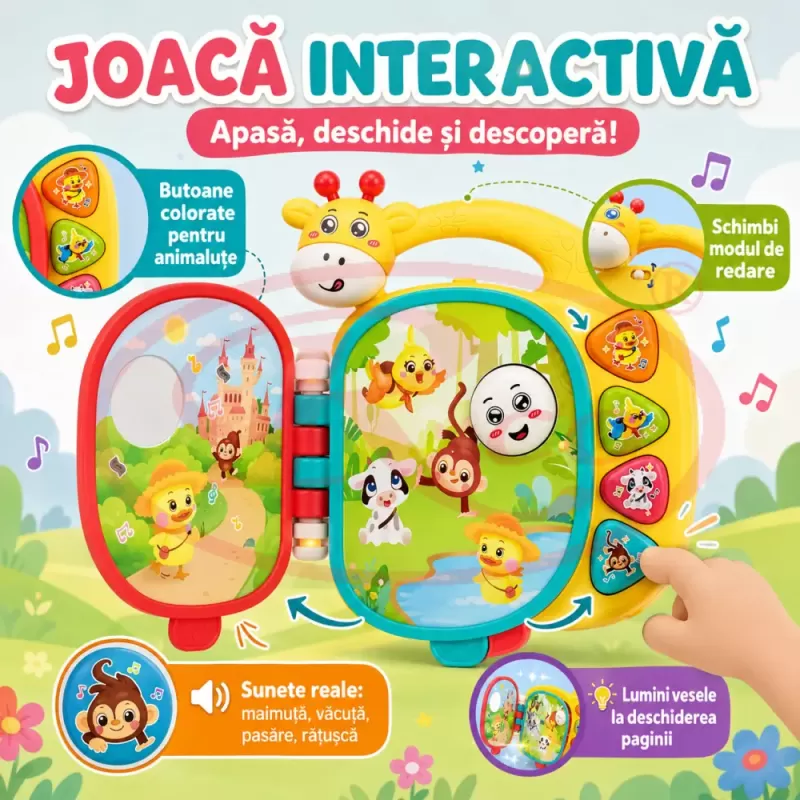 Carte muzicala interactiva pentru bebelusi cu ratusca, pasare, vacuta, maimuta