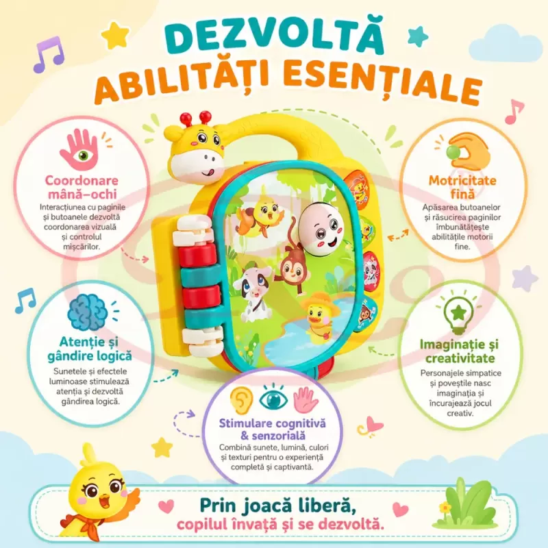Carte muzicala interactiva pentru bebelusi cu ratusca, pasare, vacuta, maimuta