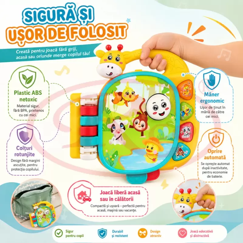 Carte muzicala interactiva pentru bebelusi cu ratusca, pasare, vacuta, maimuta