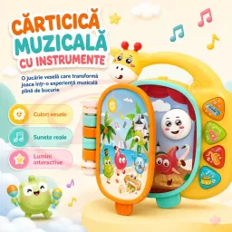 Carticica Muzicala Interactiva pentru Bebelusi 12 Luni+, cu Lumini, Sunete de Instrumente, Volum Reglabil si Maner, Jucarie Educativa