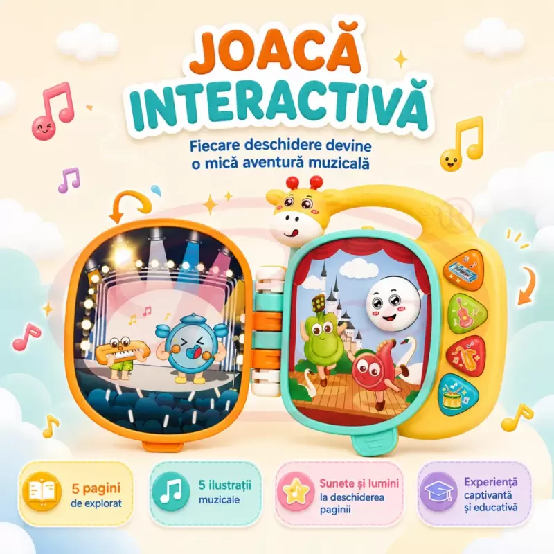 Carticica Muzicala Interactiva pentru Bebelusi 12 Luni+, cu Lumini, Sunete de Instrumente, Volum Reglabil si Maner, Jucarie Educativa