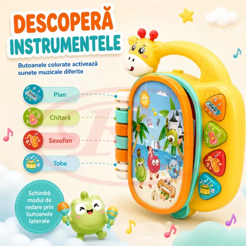 Carticica Muzicala Interactiva pentru Bebelusi 12 Luni+, cu Lumini, Sunete de Instrumente, Volum Reglabil si Maner, Jucarie Educativa