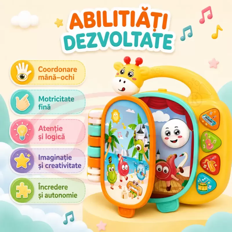 Carticica Muzicala Interactiva pentru Bebelusi 12 Luni+, cu Lumini, Sunete de Instrumente, Volum Reglabil si Maner, Jucarie Educativa