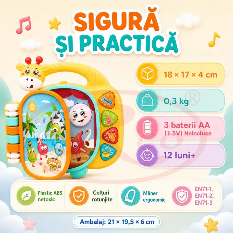 Carticica Muzicala Interactiva pentru Bebelusi 12 Luni+, cu Lumini, Sunete de Instrumente, Volum Reglabil si Maner, Jucarie Educativa