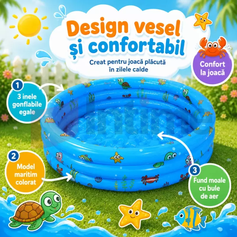 Piscina Gonflabila Copii 100 cm, cu 3 Inele, Model Maritim, Baza Dubla pentru Confort si Protectie, PVC 
