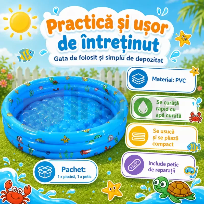 Piscina Gonflabila Copii 100 cm, cu 3 Inele, Model Maritim, Baza Dubla pentru Confort si Protectie, PVC 