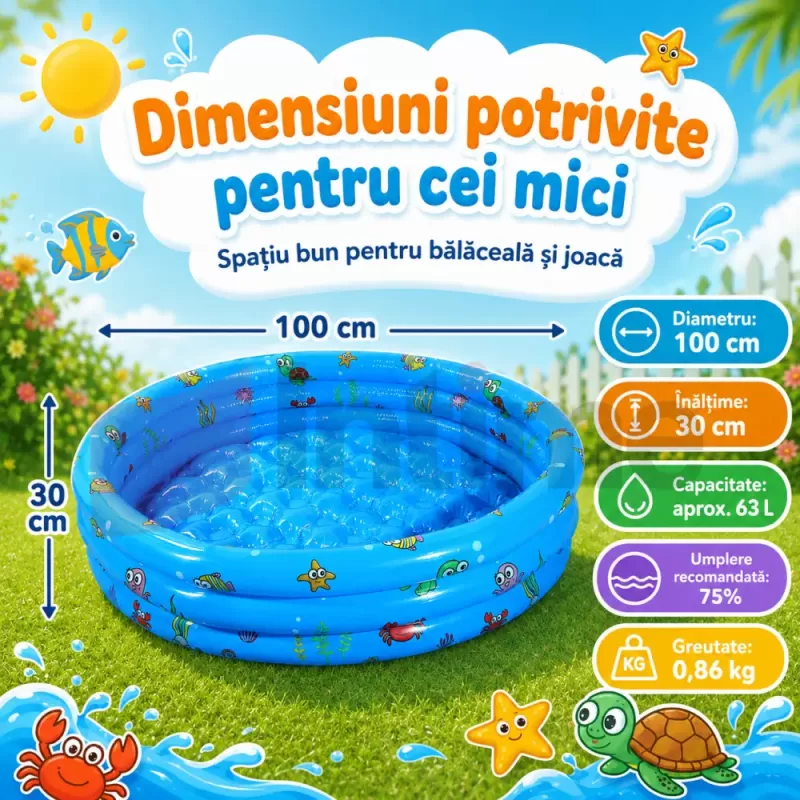 Piscina Gonflabila Copii 100 cm, cu 3 Inele, Model Maritim, Baza Dubla pentru Confort si Protectie, PVC 