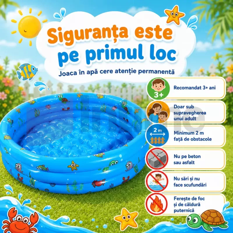 Piscina Gonflabila Copii 100 cm, cu 3 Inele, Model Maritim, Baza Dubla pentru Confort si Protectie, PVC 