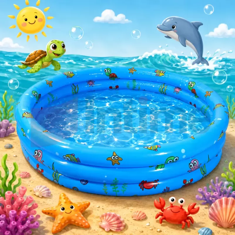 Piscina Gonflabila Copii 100 cm, cu 3 Inele, Model Maritim, Baza Dubla pentru Confort si Protectie, PVC 
