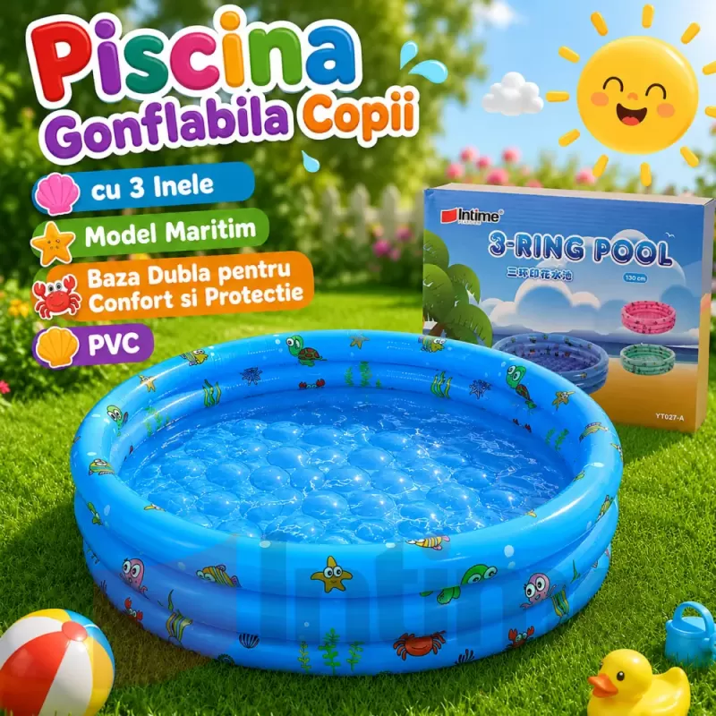 Piscina Gonflabila Copii 130 cm, cu 3 Inele, Model Maritim, Baza Dubla pentru Confort si Protectie, PVC 