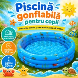 Piscina Gonflabila Copii 130 cm, cu 3 Inele, Model Maritim, Baza Dubla pentru Confort si Protectie, PVC 
