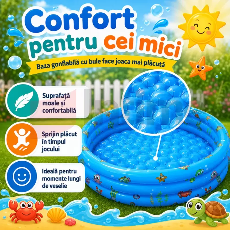 Piscina Gonflabila Copii 130 cm, cu 3 Inele, Model Maritim, Baza Dubla pentru Confort si Protectie, PVC 
