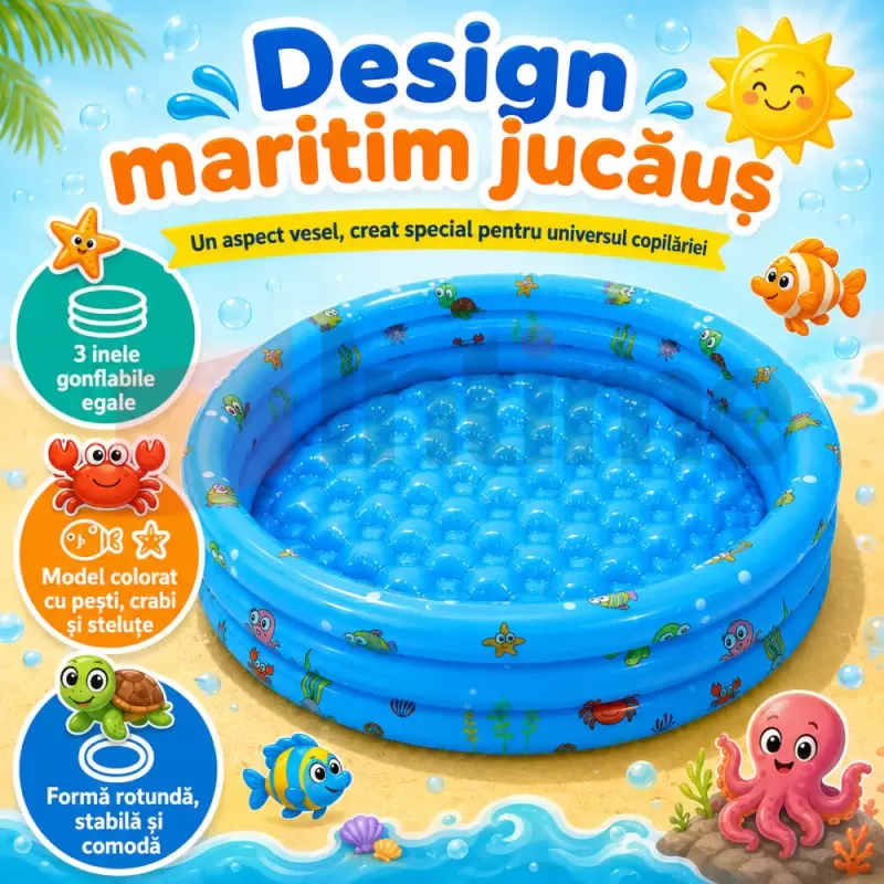 Piscina Gonflabila Copii 130 cm, cu 3 Inele, Model Maritim, Baza Dubla pentru Confort si Protectie, PVC 