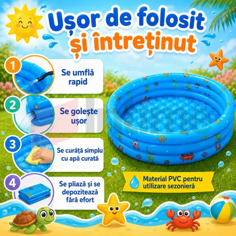 Piscina Gonflabila Copii 130 cm, cu 3 Inele, Model Maritim, Baza Dubla pentru Confort si Protectie, PVC 