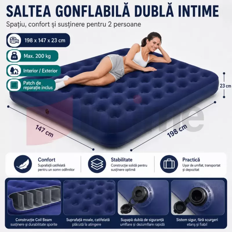Saltea dubla gonflabila pentru camping, vacante, cort, rulota, interior si exterior, cu suprafata catifelata si patch de reparatie inclus