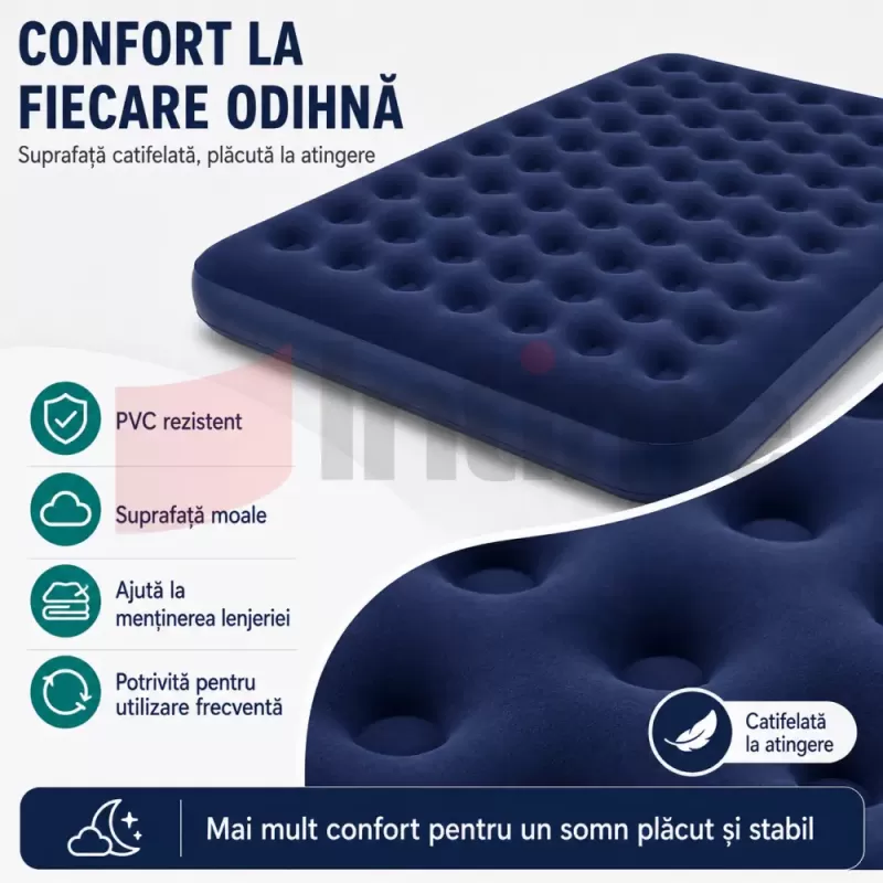 Saltea dubla gonflabila pentru camping, vacante, cort, rulota, interior si exterior, cu suprafata catifelata si patch de reparatie inclus