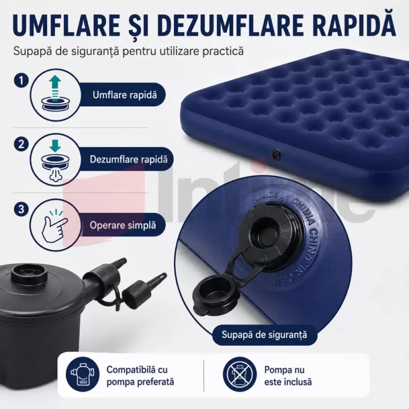 Saltea dubla gonflabila pentru camping, vacante, cort, rulota, interior si exterior, cu suprafata catifelata si patch de reparatie inclus