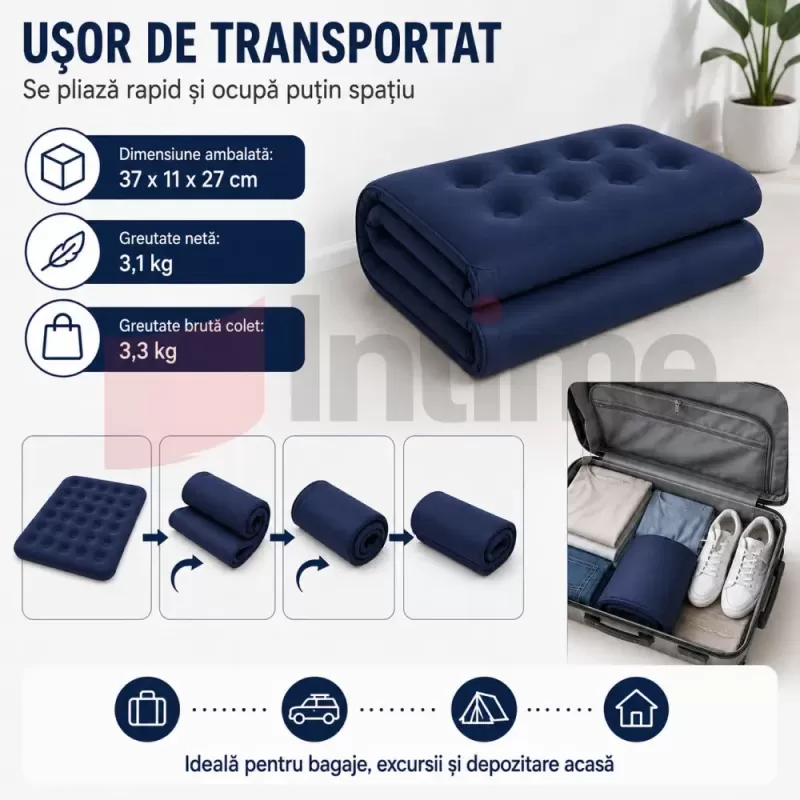 Saltea dubla gonflabila pentru camping, vacante, cort, rulota, interior si exterior, cu suprafata catifelata si patch de reparatie inclus
