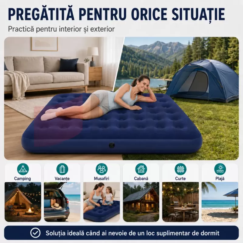 Saltea dubla gonflabila pentru camping, vacante, cort, rulota, interior si exterior, cu suprafata catifelata si patch de reparatie inclus