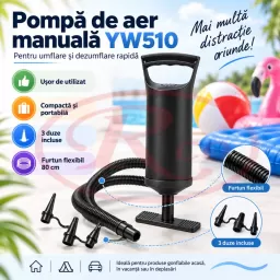 Pompa de aer manual pentru produse gonflabile cu furtun de 80 cm si 3 duze incluse, YW510